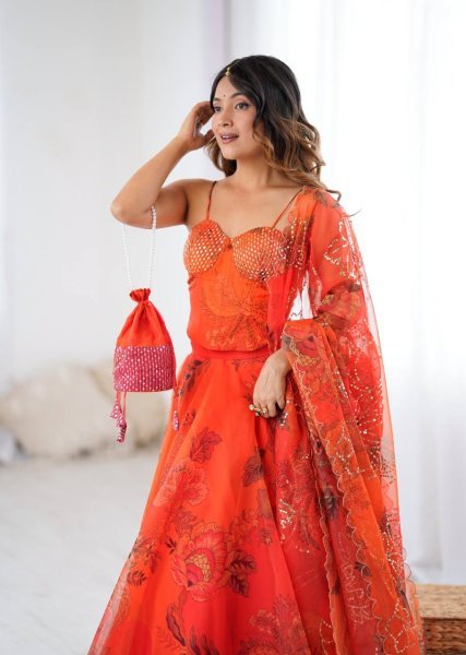 Organza Lehenga Set with Corset Blouse and Designer Batwa for Celebration Look Designer Lehenga Choli