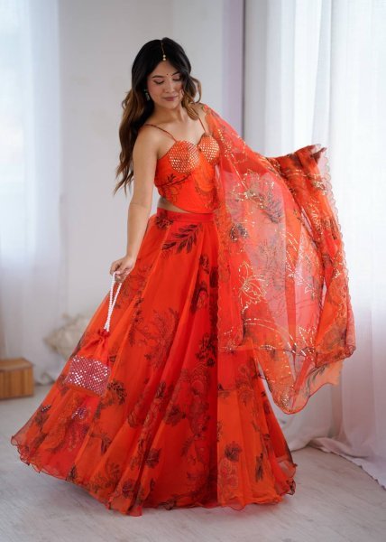 Organza Lehenga Set with Corset Blouse and Designer Batwa for Celebration Look Designer Lehenga Choli