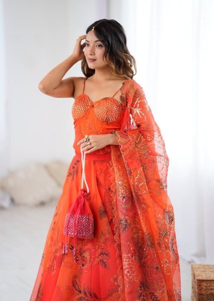 Organza Lehenga Set with Corset Blouse and Designer Batwa for Celebration Look Designer Lehenga Choli
