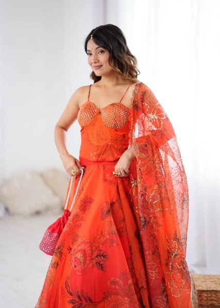 Organza Lehenga Set with Corset Blouse and Designer Batwa for Celebration Look Designer Lehenga Choli