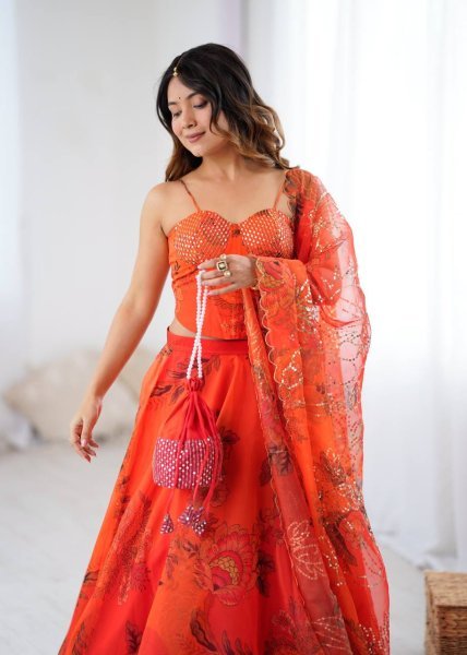 Organza Lehenga Set with Corset Blouse and Designer Batwa for Celebration Look Designer Lehenga Choli