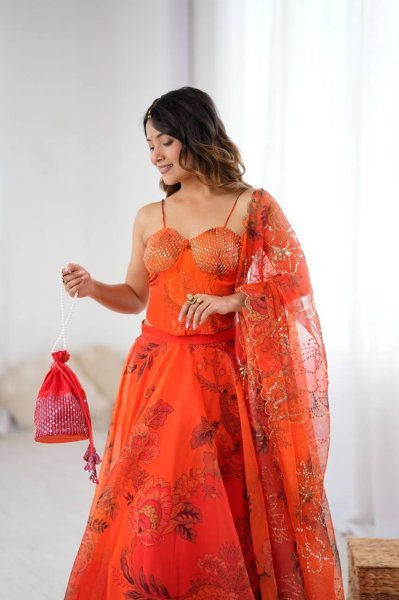 Organza Lehenga Set with Corset Blouse and Designer Batwa for Celebration Look Designer Lehenga Choli