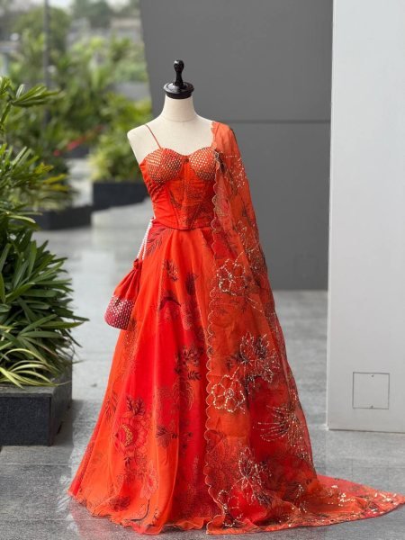 Organza Lehenga Set with Corset Blouse and Designer Batwa for Celebration Look Designer Lehenga Choli