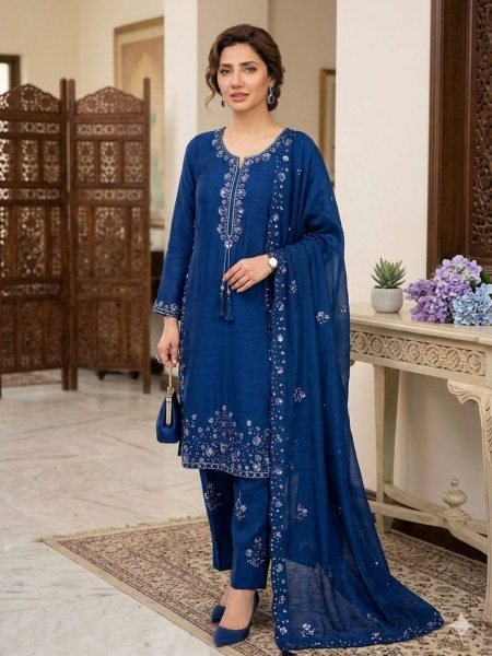 Origin Blue Chinon Designer Farshi Salwar Set with Heavy Work and Matching Embroidered Dupatta Ready To Wear Suit