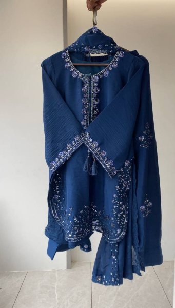 Origin Blue Chinon Designer Farshi Salwar Set with Heavy Work and Matching Embroidered Dupatta Ready To Wear Collection