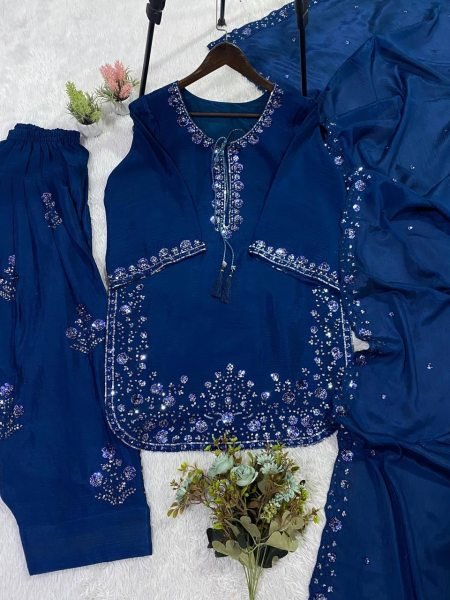Origin Blue Chinon Designer Farshi Salwar Set with Heavy Work and Matching Embroidered Dupatta Ready To Wear Collection