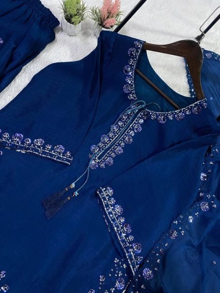 Origin Blue Chinon Designer Farshi Salwar Set with Heavy Work and Matching Embroidered Dupatta Ready To Wear Collection