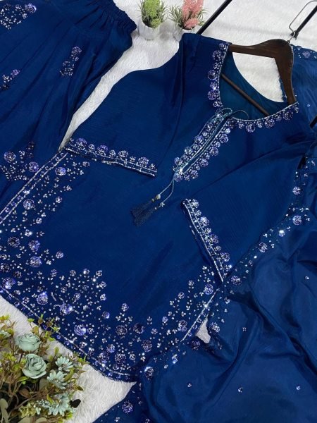 Origin Blue Chinon Designer Farshi Salwar Set with Heavy Work and Matching Embroidered Dupatta Ready To Wear Collection