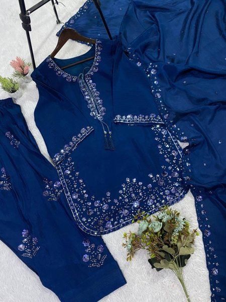 Origin Blue Chinon Designer Farshi Salwar Set with Heavy Work and Matching Embroidered Dupatta Ready To Wear Collection