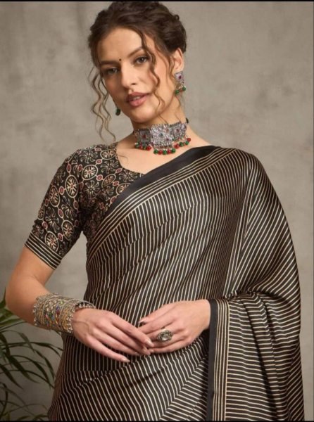 Original Japan Silk Semi Gajji Saree with Ajrakh Pallu   Digital Print Blouse for Elegant  Wear Silk Sarees Wholesale