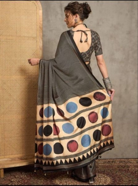Original Japan Silk Semi Gajji Saree with Ajrakh Pallu   Digital Print Blouse for Elegant  Wear Silk Sarees Wholesale