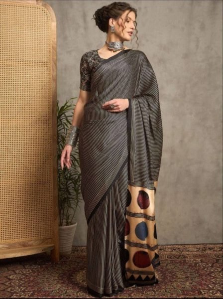 Original Japan Silk Semi Gajji Saree with Ajrakh Pallu   Digital Print Blouse for Elegant  Wear Silk Sarees Wholesale