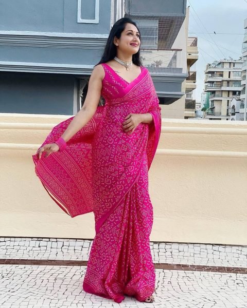 Original Pink Ajrakh Digital Print Saree in Japan Silk Rich Pallu  & Traditional Style Bandhej Sarees Wholesale
