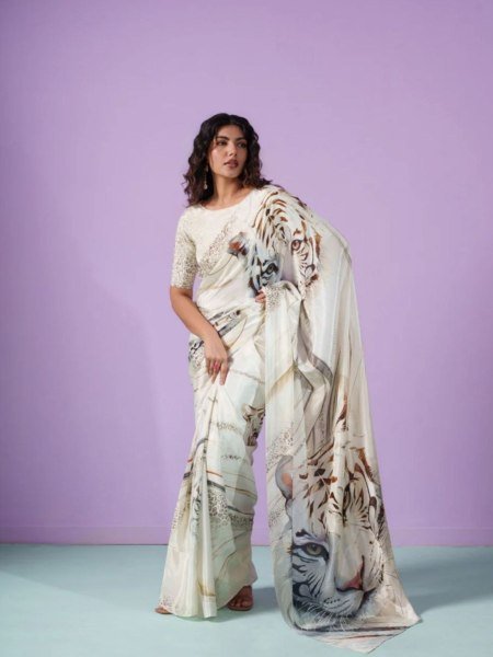 Original White Devsena Satin Saree with Printed Blouse for Party Wear Sarees 