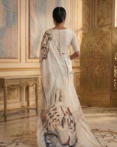 Original White Devsena Satin Saree with Printed Blouse for Party Wear Printed Cotton Sarees Wholesale