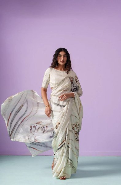 Original White Devsena Satin Saree with Printed Blouse for Party Wear Printed Cotton Sarees Wholesale