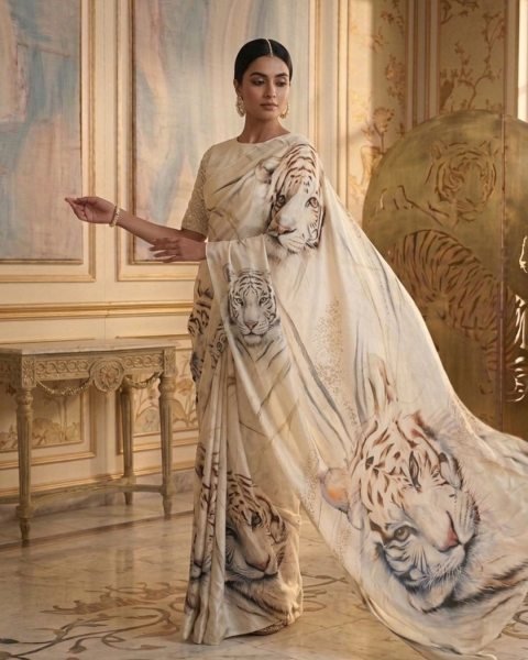 Original White Devsena Satin Saree with Printed Blouse for Party Wear Printed Cotton Sarees Wholesale