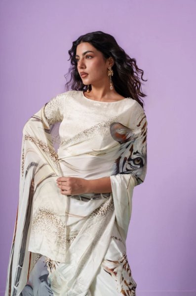 Original White Devsena Satin Saree with Printed Blouse for Party Wear Printed Cotton Sarees Wholesale