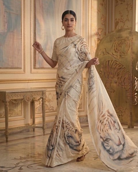 Original White Devsena Satin Saree with Printed Blouse for Party Wear Printed Cotton Sarees Wholesale