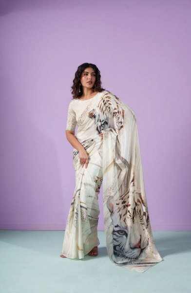 Original White Devsena Satin Saree with Printed Blouse for Party Wear Printed Cotton Sarees Wholesale