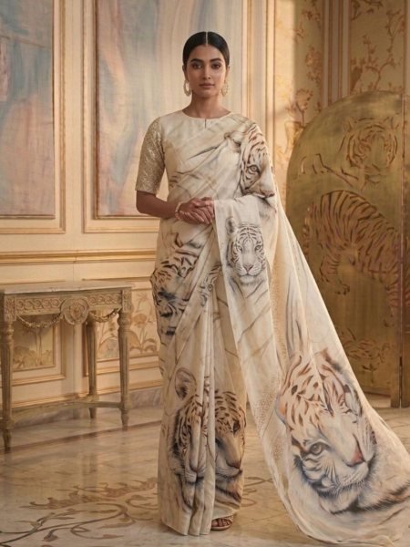 Original White Devsena Satin Saree with Printed Blouse for Party Wear Printed Cotton Sarees Wholesale