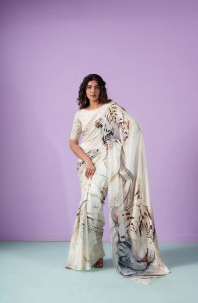 Original White Devsena Satin Saree with Printed Blouse for Party Wear Printed Cotton Sarees Wholesale
