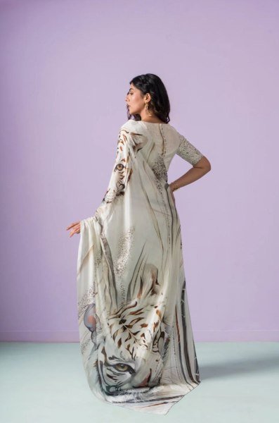 Original White Devsena Satin Saree with Printed Blouse for Party Wear Printed Cotton Sarees Wholesale
