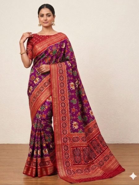 Orlith Purple Handloom Patola Saree with Elegant Border for Celebration Wear Patola Silk Sarees Wholesale
