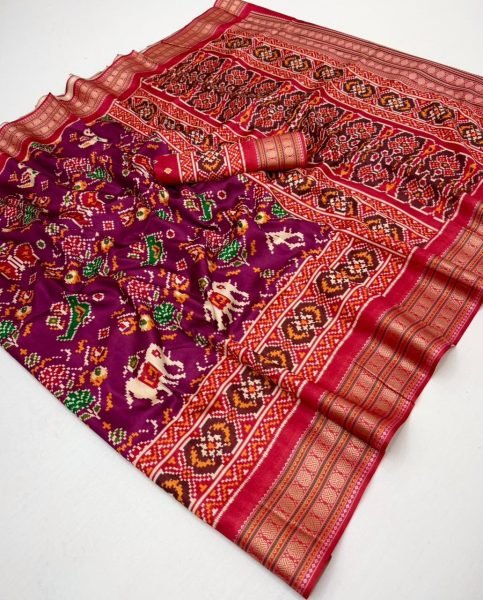 Orlith Purple Handloom Patola Saree with Elegant Border for Celebration Wear Patola Silk Sarees Wholesale
