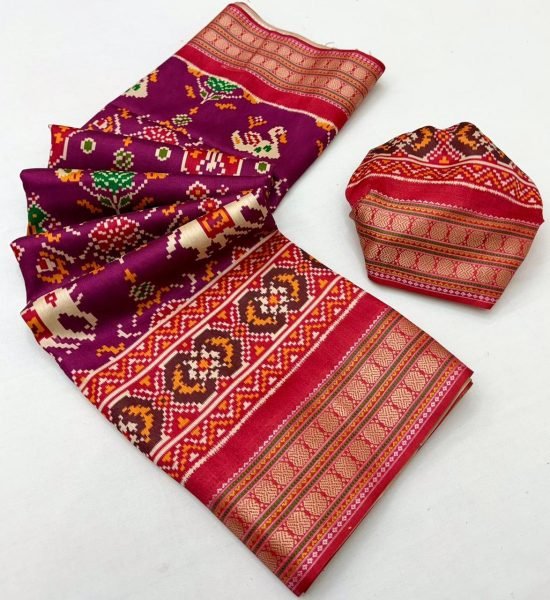 Orlith Purple Handloom Patola Saree with Elegant Border for Celebration Wear Patola Silk Sarees Wholesale