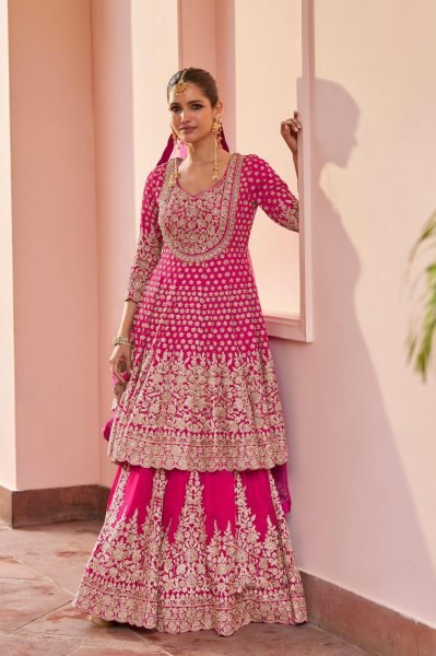 Orlith Rani Pink Top And Skirt Made Of Georgette Fabric From Gulkayra Designer Wedding Bridal Dress Wholesale
