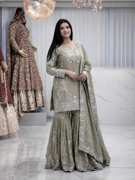 Ornate Beige German Chinon Kurti Sharara Dupatta Set with Beautiful Embroidery 