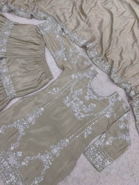 Ornate Beige German Chinon Kurti Sharara Dupatta Set with Beautiful Embroidery Ready To Wear Collection