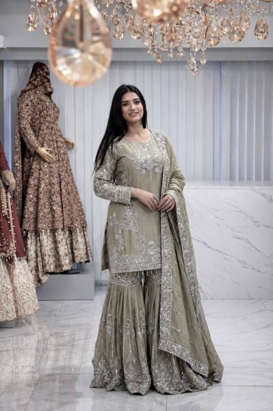 Ornate Beige German Chinon Kurti Sharara Dupatta Set with Beautiful Embroidery Ready To Wear Collection