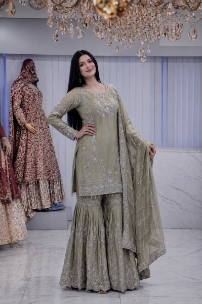 Ornate Beige German Chinon Kurti Sharara Dupatta Set with Beautiful Embroidery Ready To Wear Collection