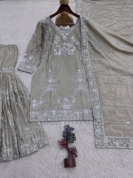 Ornate Beige German Chinon Kurti Sharara Dupatta Set with Beautiful Embroidery Ready To Wear Collection