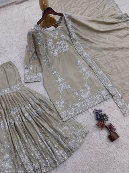 Ornate Beige German Chinon Kurti Sharara Dupatta Set with Beautiful Embroidery Ready To Wear Collection