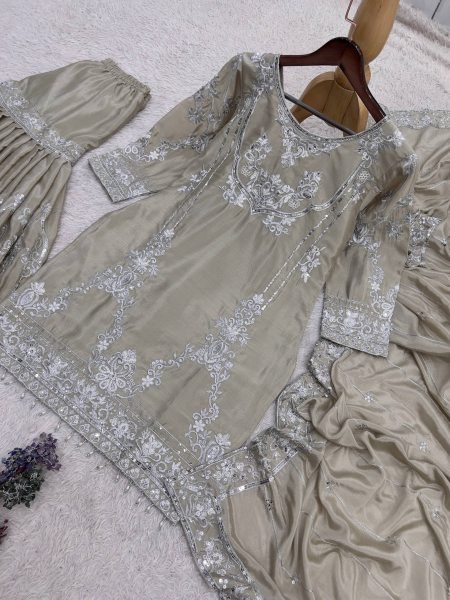 Ornate Beige German Chinon Kurti Sharara Dupatta Set with Beautiful Embroidery Ready To Wear Collection