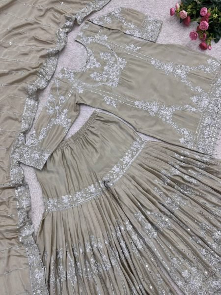 Ornate Beige German Chinon Kurti Sharara Dupatta Set with Beautiful Embroidery Ready To Wear Collection
