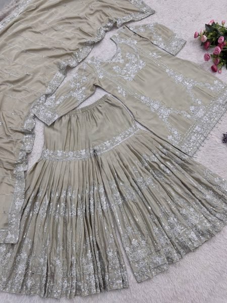 Ornate Beige German Chinon Kurti Sharara Dupatta Set with Beautiful Embroidery Ready To Wear Collection