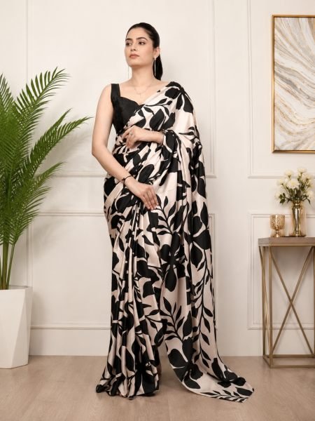 Ornate Black Cream Satin Silk Printed Saree with Matching Unstitched Blouse For Wholesale Rate Sarees 