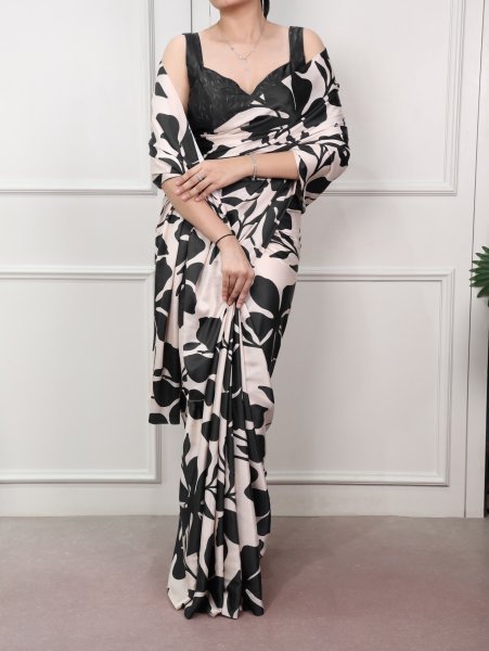 Ornate Black Cream Satin Silk Printed Saree with Matching Unstitched Blouse For Wholesale Rate Silk Sarees Wholesale