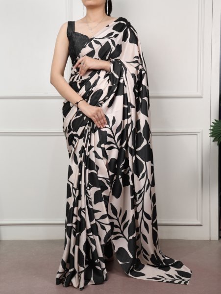 Ornate Black Cream Satin Silk Printed Saree with Matching Unstitched Blouse For Wholesale Rate Silk Sarees Wholesale