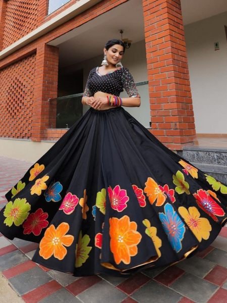 Ornate Black Designer Printed Lehenga Choli with Muslin Silk and Fancy Latkan Dupatta  Lehenga