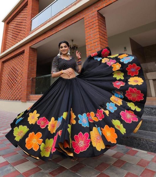 Ornate Black Designer Printed Lehenga Choli with Muslin Silk and Fancy Latkan Dupatta Navratri Lehnega Choli