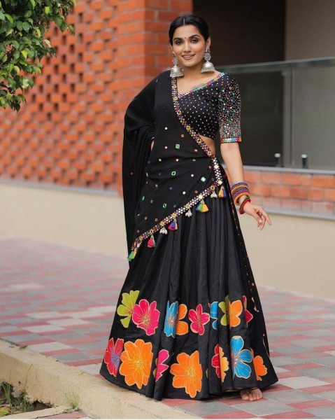 Ornate Black Designer Printed Lehenga Choli with Muslin Silk and Fancy Latkan Dupatta Navratri Lehnega Choli