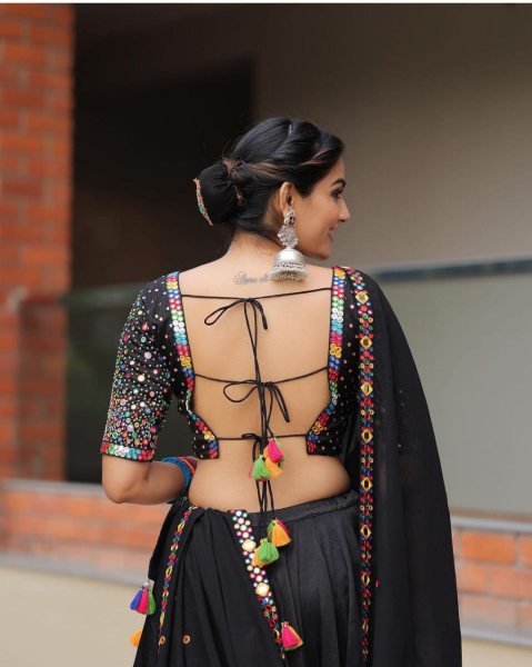 Ornate Black Designer Printed Lehenga Choli with Muslin Silk and Fancy Latkan Dupatta Navratri Lehnega Choli