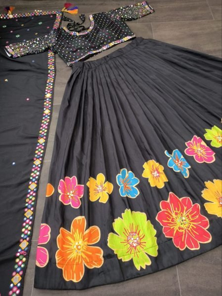 Ornate Black Designer Printed Lehenga Choli with Muslin Silk and Fancy Latkan Dupatta Navratri Lehnega Choli