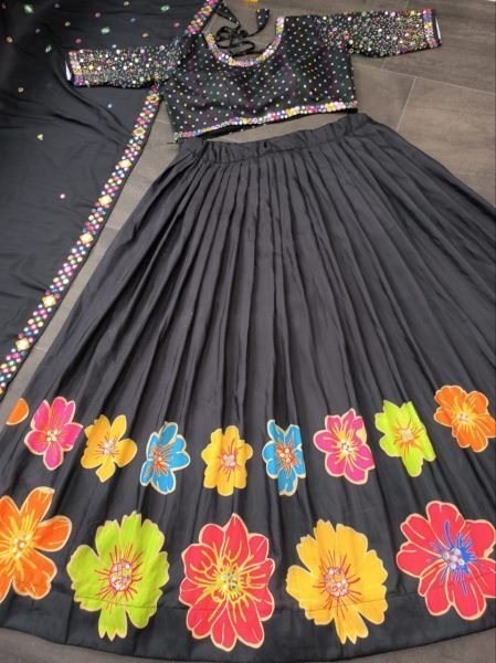 Ornate Black Designer Printed Lehenga Choli with Muslin Silk and Fancy Latkan Dupatta Navratri Lehnega Choli