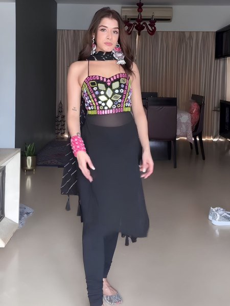 Ornate Black Faux Georgette Kurti Pant Dupatta Set with Real Mirror Work 